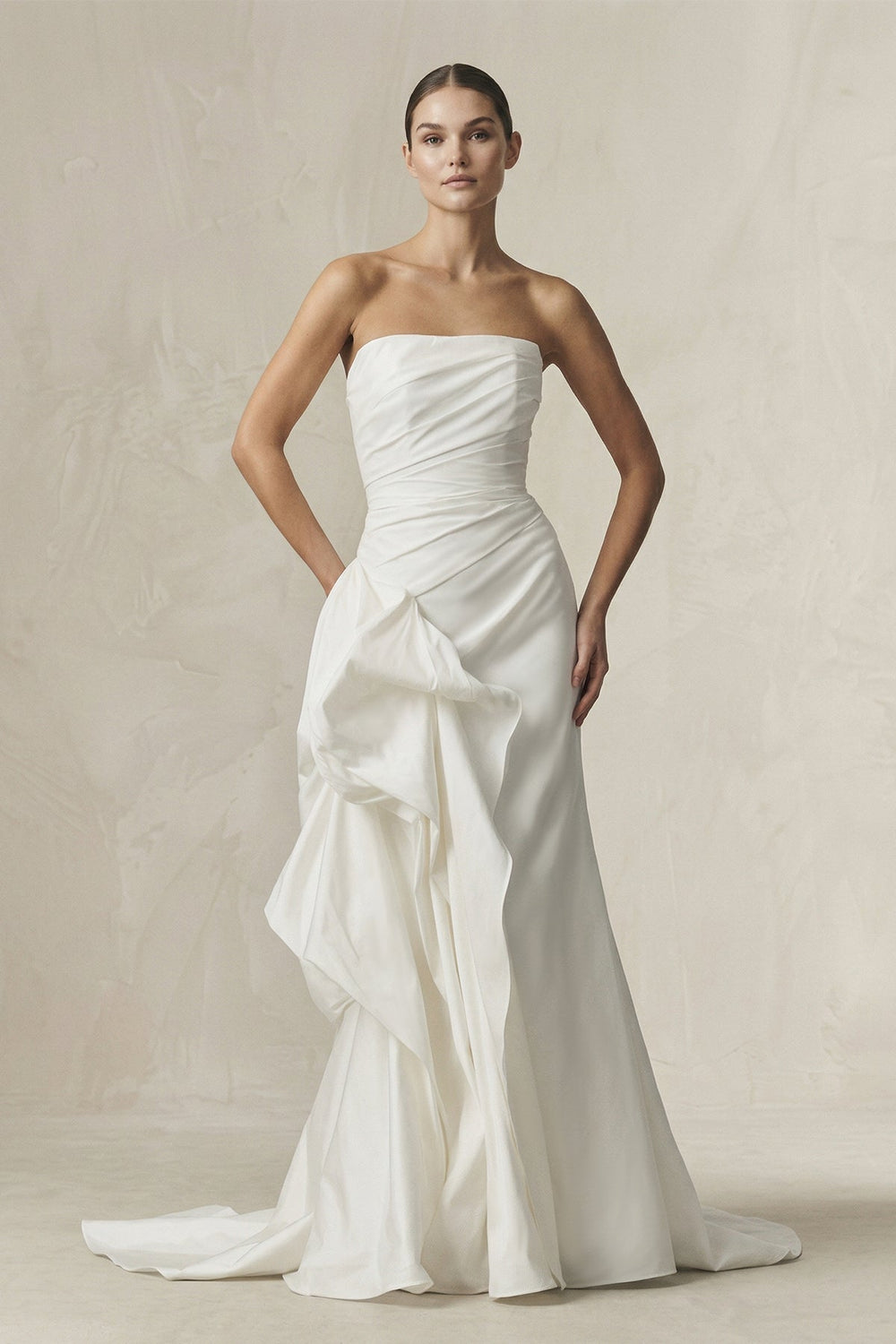 Strapless Ruffled Mermaid Satin Wedding Dress in White - KissProm Wedding Dresses