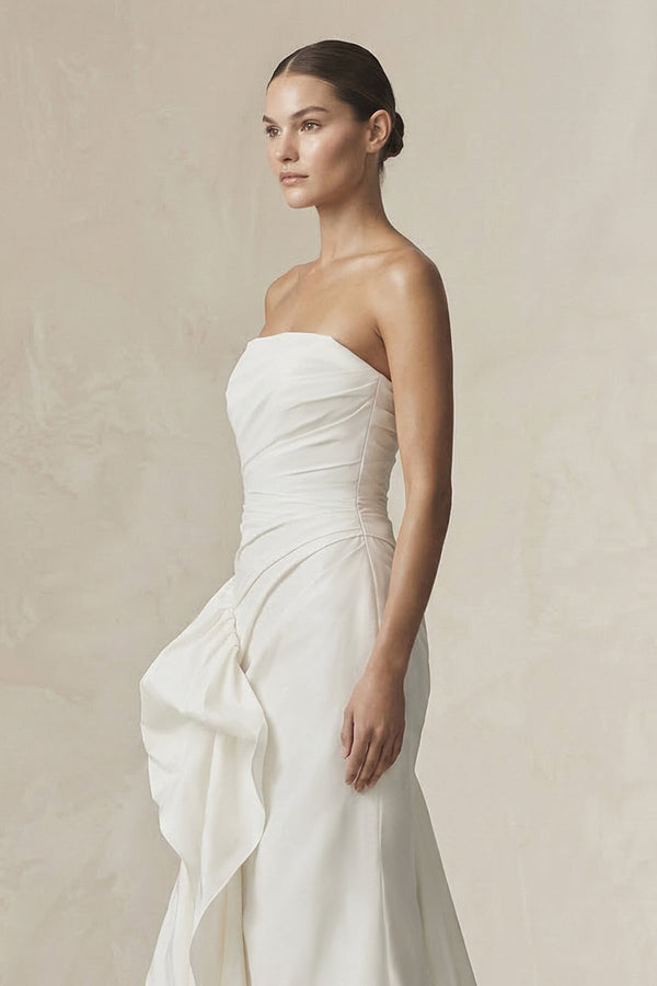Strapless Ruffled Mermaid Satin Wedding Dress in White - KissProm Wedding Dresses