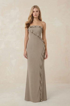 Strapless Ruffled Sheath Bridesmaid Dress in Almond - KissProm Bridesmaid Dresses