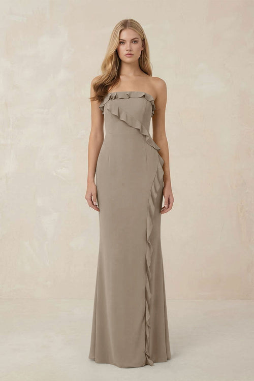 Strapless Ruffled Sheath Bridesmaid Dress in Almond - KissProm Bridesmaid Dresses