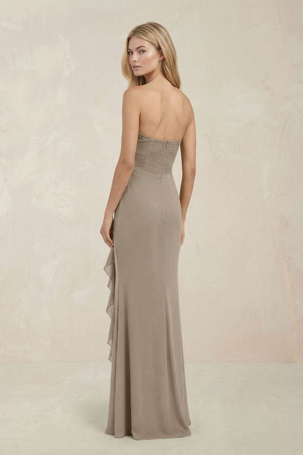 Strapless Ruffled Sheath Bridesmaid Dress in Almond - KissProm Bridesmaid Dresses
