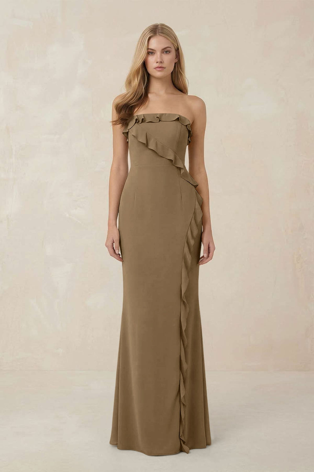 Strapless Ruffled Sheath Bridesmaid Dress in Apple Cinnamon - KissProm Bridesmaid Dresses