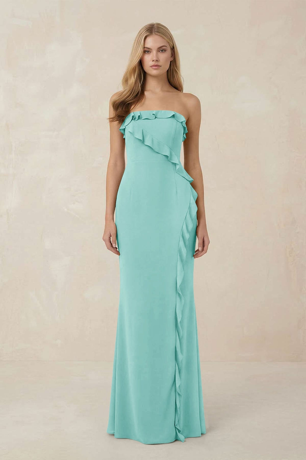 Strapless Ruffled Sheath Bridesmaid Dress in Aqua - KissProm Bridesmaid Dresses