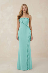 Strapless Ruffled Sheath Bridesmaid Dress in Aqua - KissProm Bridesmaid Dresses