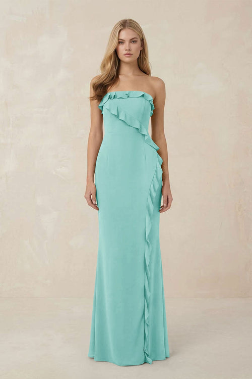 Strapless Ruffled Sheath Bridesmaid Dress in Aqua - KissProm Bridesmaid Dresses