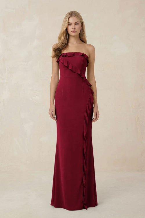 Strapless Ruffled Sheath Bridesmaid Dress in Berry - KissProm Bridesmaid Dresses