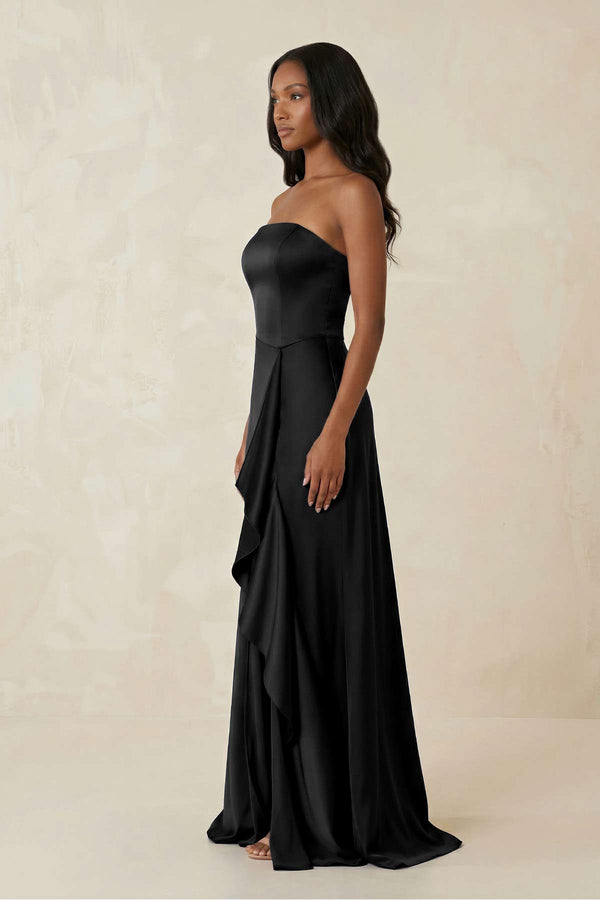 Strapless Ruffled Sheath Bridesmaid Dress in Black - KissProm Bridesmaid Dresses