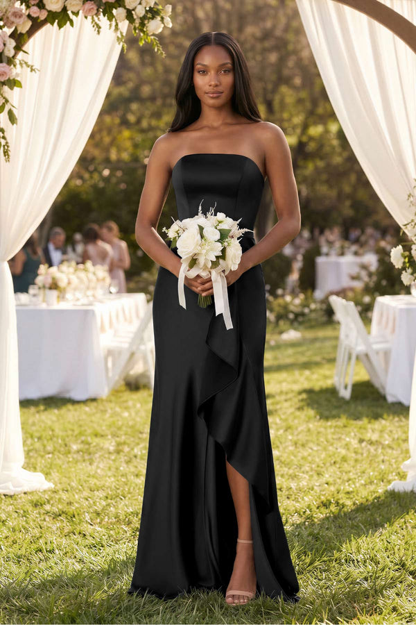 Strapless Ruffled Sheath Bridesmaid Dress in Black - KissProm Bridesmaid Dresses