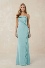 Strapless Ruffled Sheath Bridesmaid Dress in Bleached Aqua - KissProm Bridesmaid Dresses
