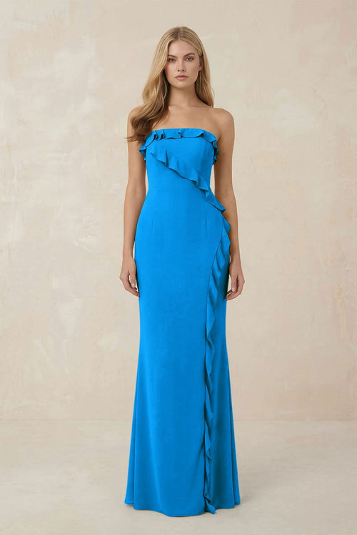 Strapless Ruffled Sheath Bridesmaid Dress in Blue Jay - KissProm Bridesmaid Dresses