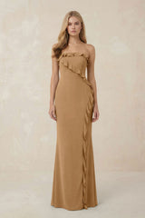 Strapless Ruffled Sheath Bridesmaid Dress in Bronzer - KissProm Bridesmaid Dresses