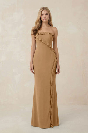 Strapless Ruffled Sheath Bridesmaid Dress in Bronzer - KissProm Bridesmaid Dresses