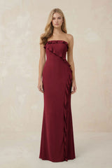 Strapless Ruffled Sheath Bridesmaid Dress in Burgundy - KissProm Bridesmaid Dresses