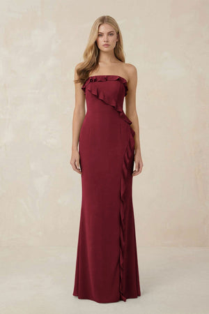 Strapless Ruffled Sheath Bridesmaid Dress in Burgundy - KissProm Bridesmaid Dresses