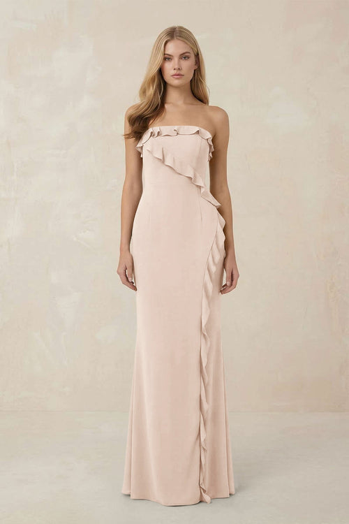 Strapless Ruffled Sheath Bridesmaid Dress in Buttercream - KissProm Bridesmaid Dresses