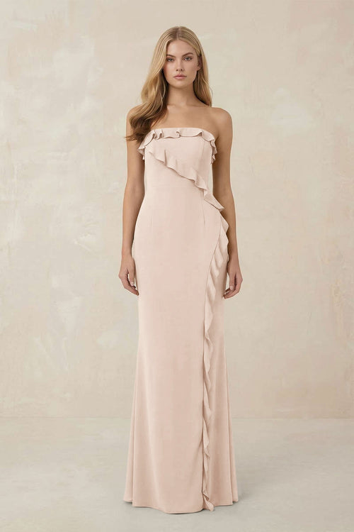 Strapless Ruffled Sheath Bridesmaid Dress in Buttercream - KissProm Bridesmaid Dresses