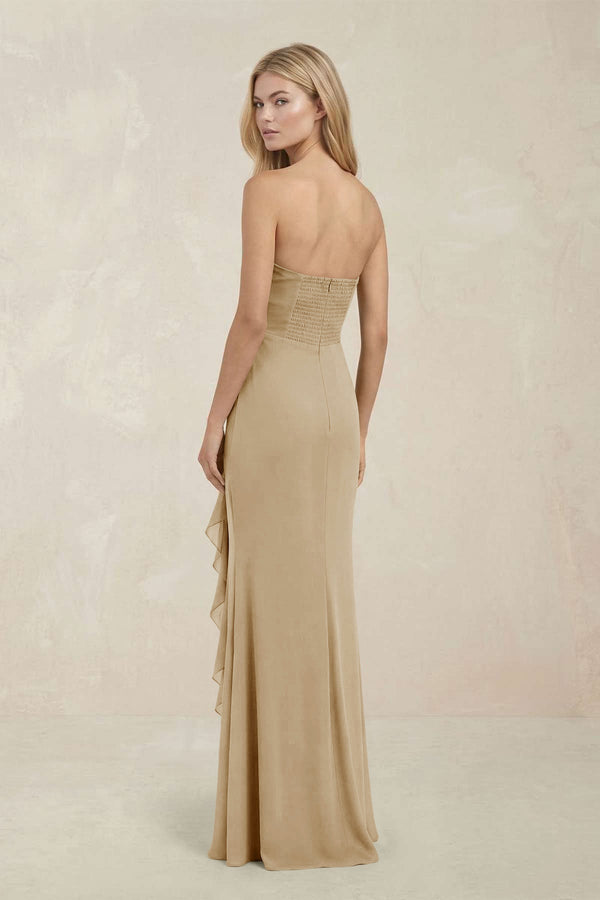 Strapless Ruffled Sheath Bridesmaid Dress in Champagne - KissProm Bridesmaid Dresses