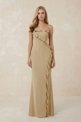 Strapless Ruffled Sheath Bridesmaid Dress in Champagne - KissProm Bridesmaid Dresses