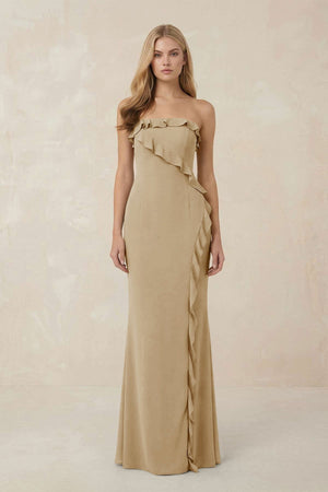 Strapless Ruffled Sheath Bridesmaid Dress in Champagne - KissProm Bridesmaid Dresses