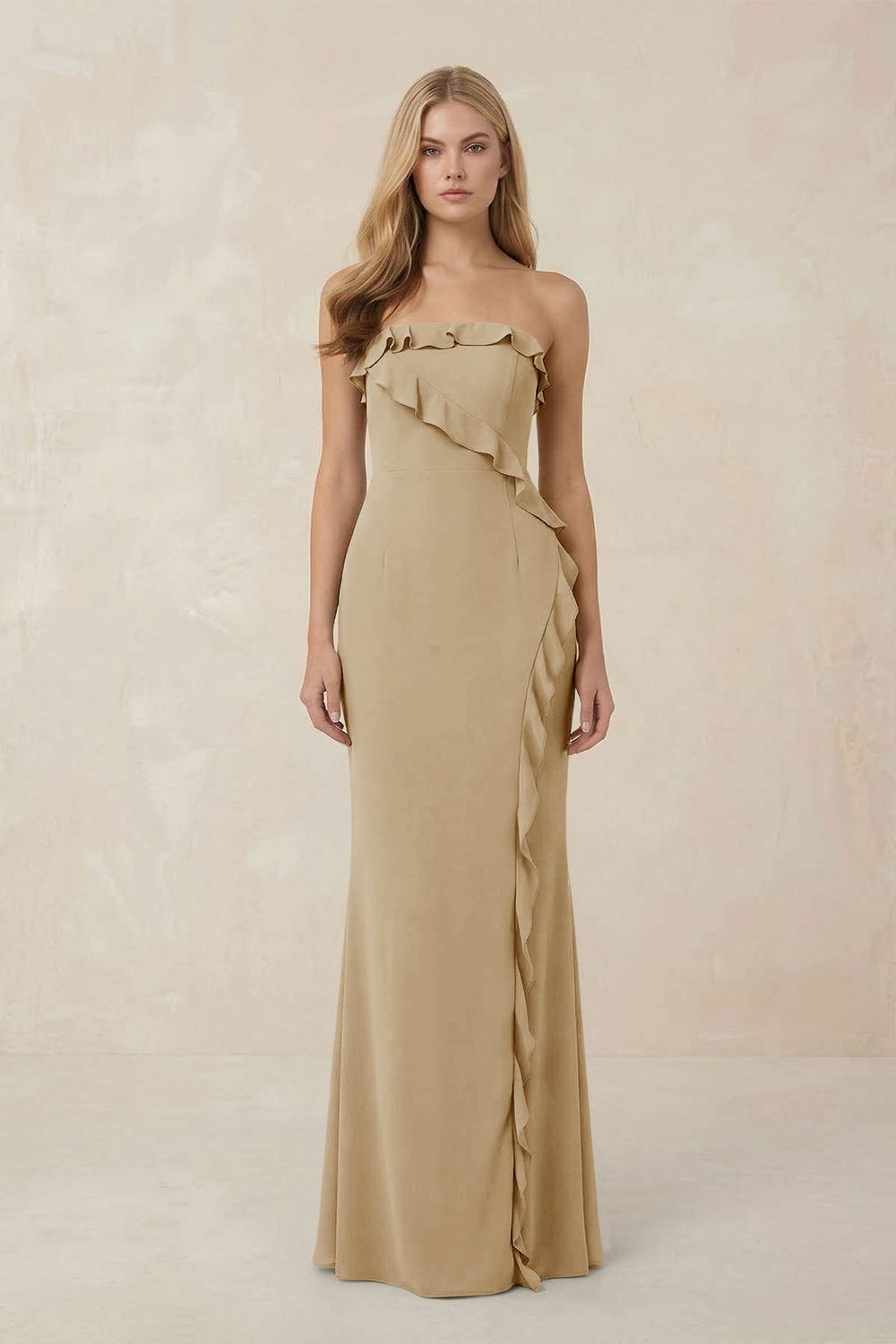 Strapless Ruffled Sheath Bridesmaid Dress in Champagne - KissProm Bridesmaid Dresses
