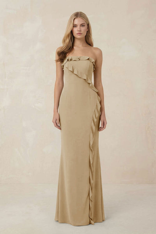 Strapless Ruffled Sheath Bridesmaid Dress in Champagne - KissProm Bridesmaid Dresses