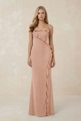 Strapless Ruffled Sheath Bridesmaid Dress in Champagne Rose - KissProm Bridesmaid Dresses