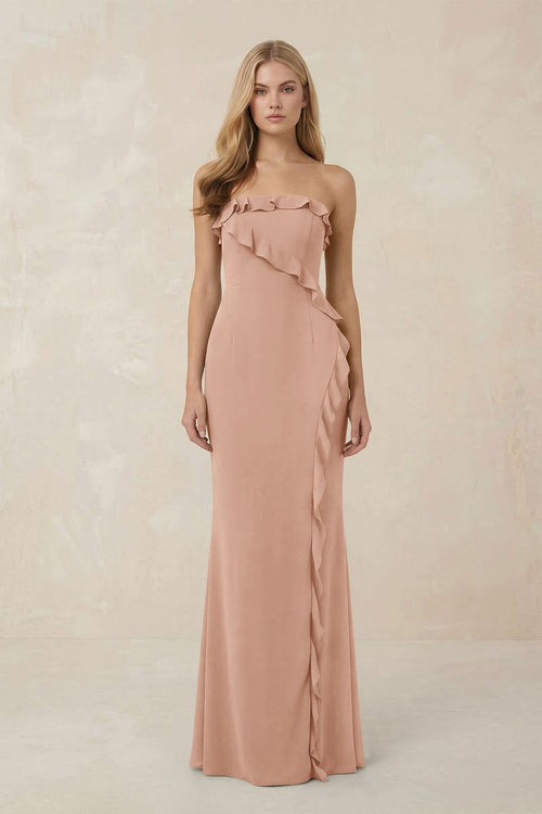 Strapless Ruffled Sheath Bridesmaid Dress in Champagne Rose - KissProm Bridesmaid Dresses