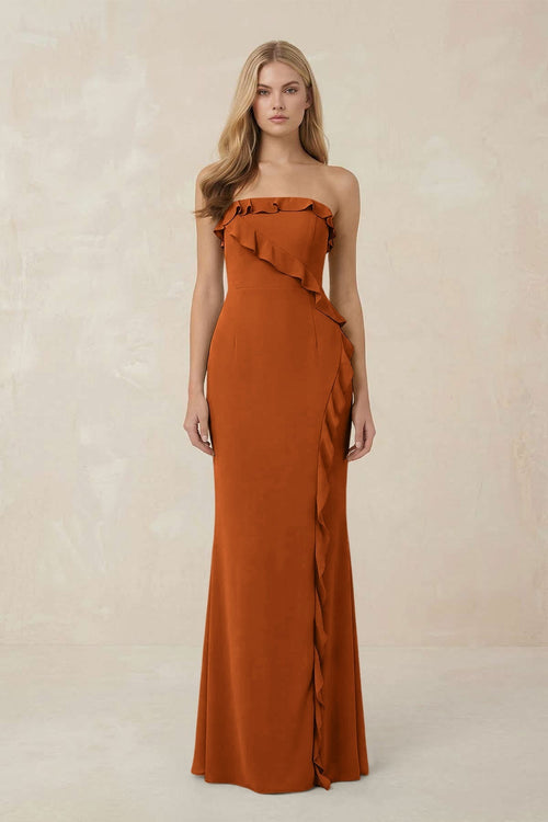Strapless Ruffled Sheath Bridesmaid Dress in Cinnamon - KissProm Bridesmaid Dresses