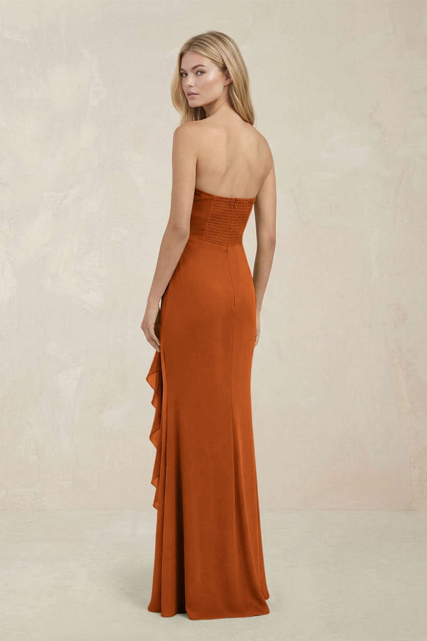 Strapless Ruffled Sheath Bridesmaid Dress in Cinnamon - KissProm Bridesmaid Dresses