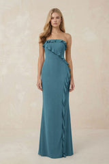 Strapless Ruffled Sheath Bridesmaid Dress in Dark Teal - KissProm Bridesmaid Dresses