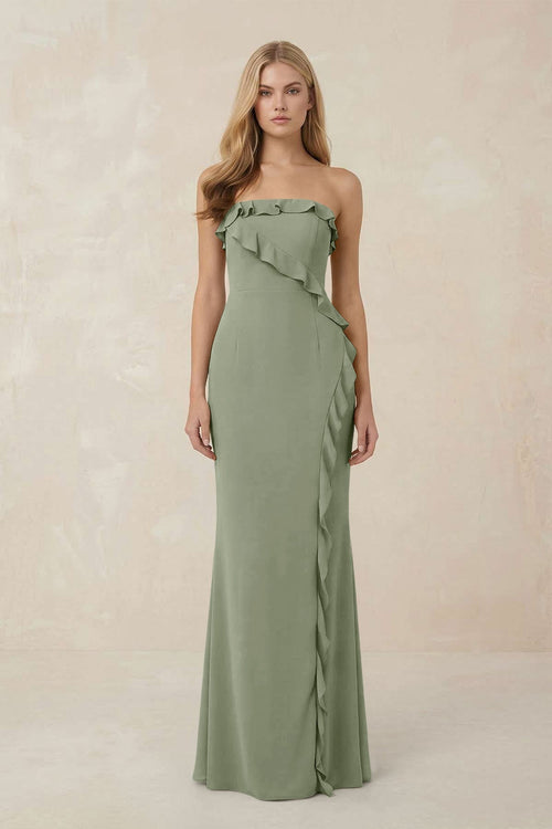 Strapless Ruffled Sheath Bridesmaid Dress in Dove Gray - KissProm Bridesmaid Dresses