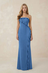 Strapless Ruffled Sheath Bridesmaid Dress in Dusty Blue - KissProm Bridesmaid Dresses