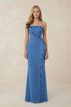 Strapless Ruffled Sheath Bridesmaid Dress in Dusty Blue - KissProm Bridesmaid Dresses