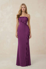 Strapless Ruffled Sheath Bridesmaid Dress in Fig - KissProm Bridesmaid Dresses