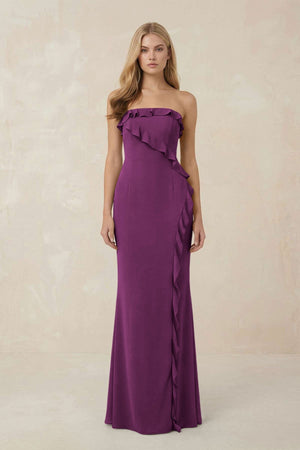 Strapless Ruffled Sheath Bridesmaid Dress in Fig - KissProm Bridesmaid Dresses