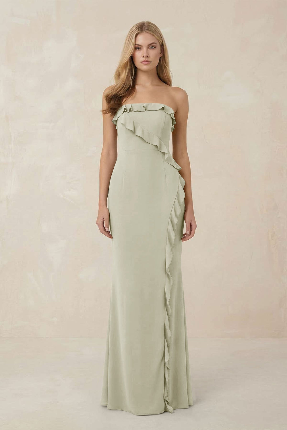 Strapless Ruffled Sheath Bridesmaid Dress in Frost - KissProm Bridesmaid Dresses
