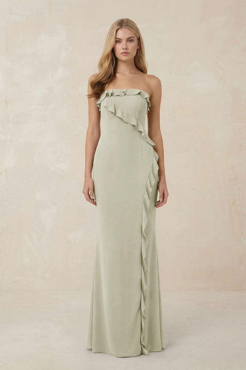 Strapless Ruffled Sheath Bridesmaid Dress in Frost - KissProm Bridesmaid Dresses