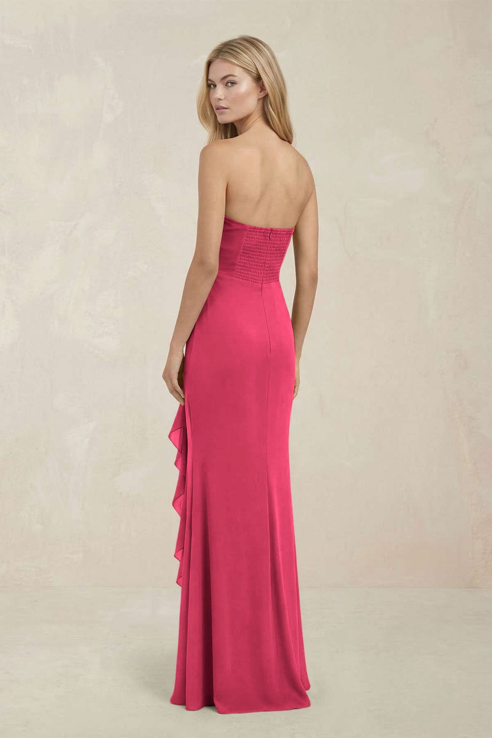 Strapless Ruffled Sheath Bridesmaid Dress in Fuchsia - KissProm Bridesmaid Dresses