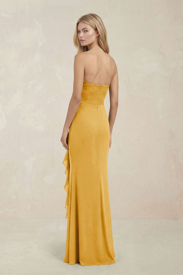 Strapless Ruffled Sheath Bridesmaid Dress in Gold - KissProm Bridesmaid Dresses