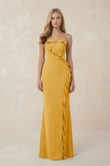 Strapless Ruffled Sheath Bridesmaid Dress in Gold - KissProm Bridesmaid Dresses