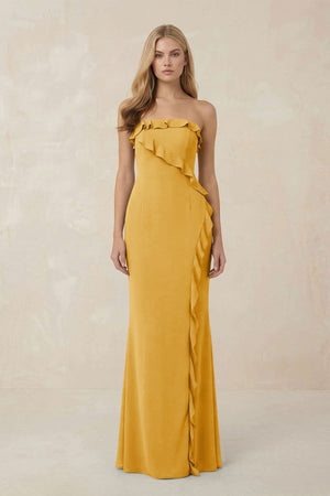 Strapless Ruffled Sheath Bridesmaid Dress in Gold - KissProm Bridesmaid Dresses