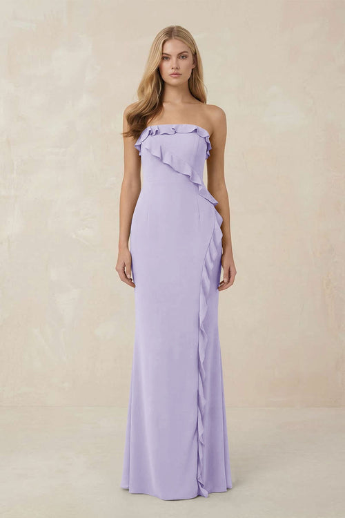 Strapless Ruffled Sheath Bridesmaid Dress in Lavender - KissProm Bridesmaid Dresses