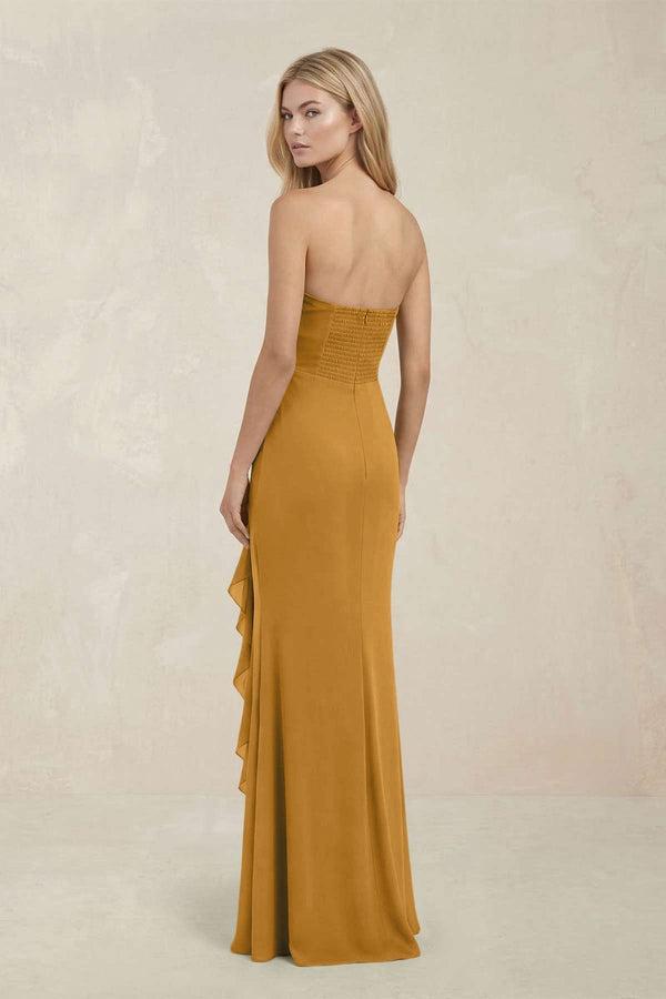 Strapless Ruffled Sheath Bridesmaid Dress in Marigold - KissProm Bridesmaid Dresses