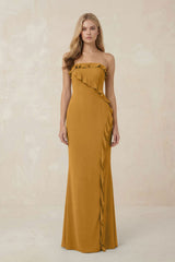 Strapless Ruffled Sheath Bridesmaid Dress in Marigold - KissProm Bridesmaid Dresses