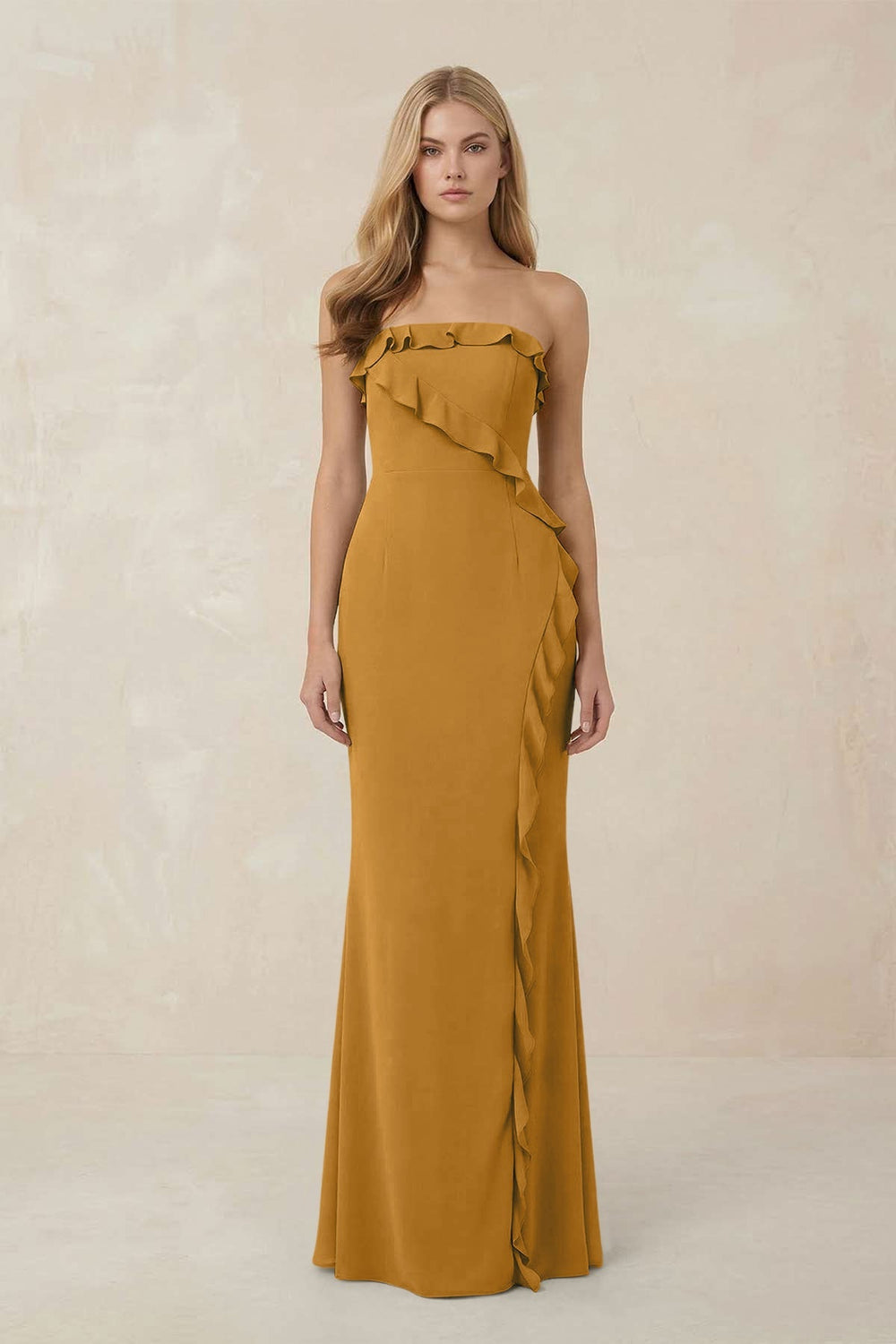 Strapless Ruffled Sheath Bridesmaid Dress in Marigold - KissProm Bridesmaid Dresses