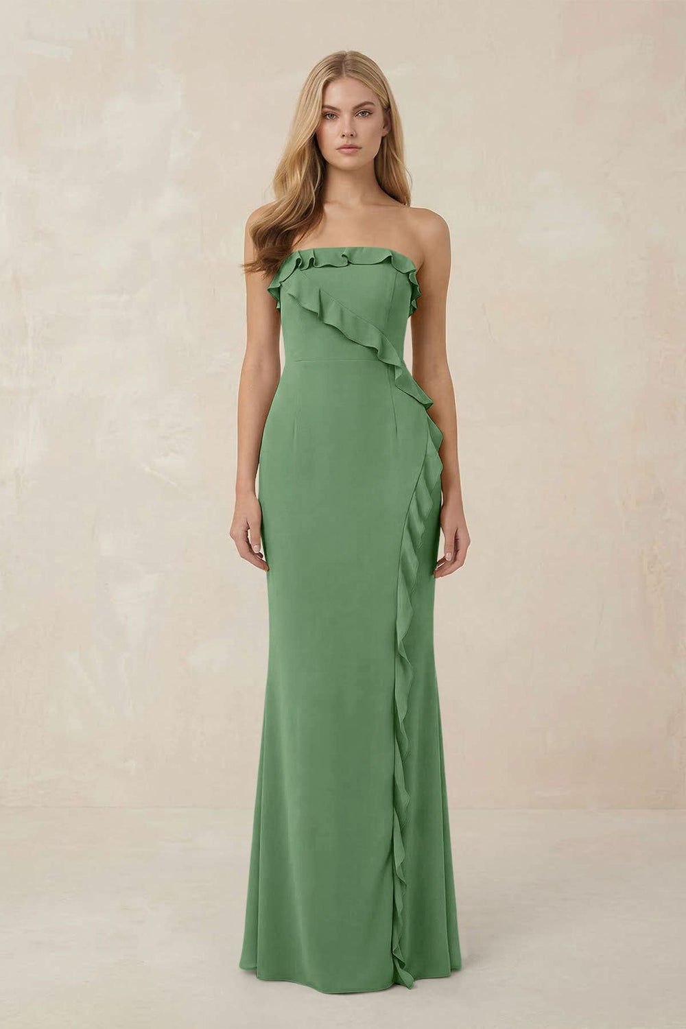 Strapless Ruffled Sheath Bridesmaid Dress in Matcha - KissProm Bridesmaid Dresses