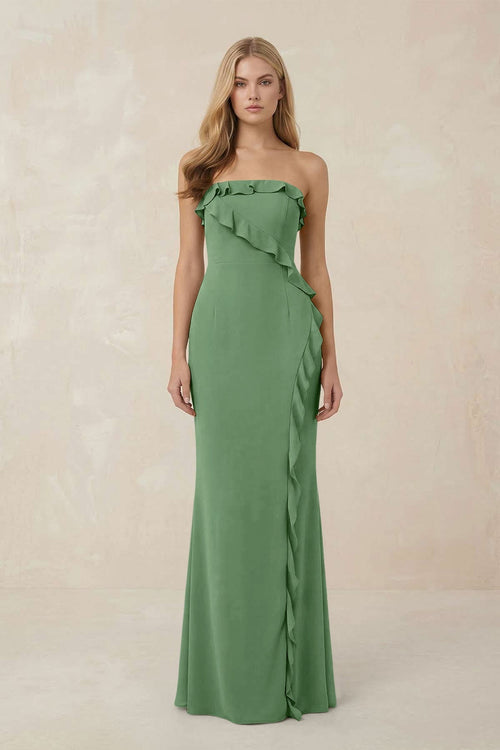 Strapless Ruffled Sheath Bridesmaid Dress in Matcha - KissProm Bridesmaid Dresses