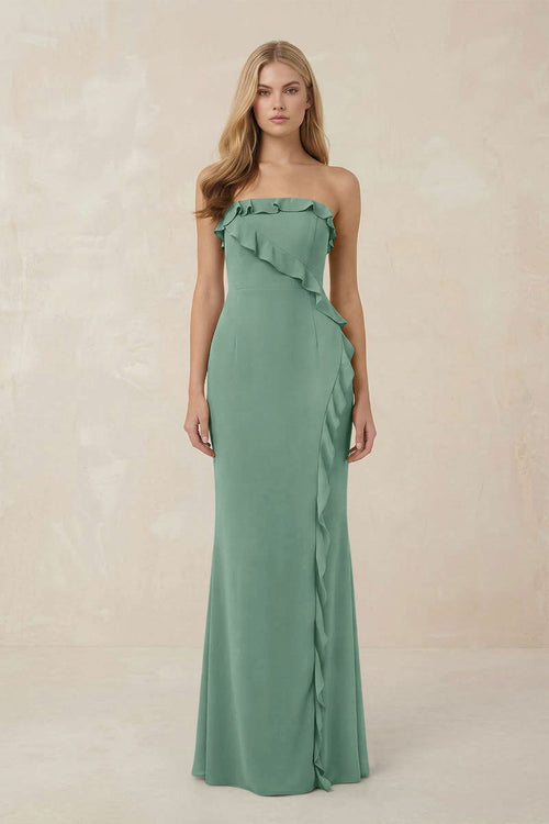 Strapless Ruffled Sheath Bridesmaid Dress in Mint Green - KissProm Bridesmaid Dresses