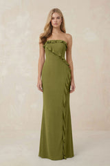 Strapless Ruffled Sheath Bridesmaid Dress in Moss Green - KissProm Bridesmaid Dresses