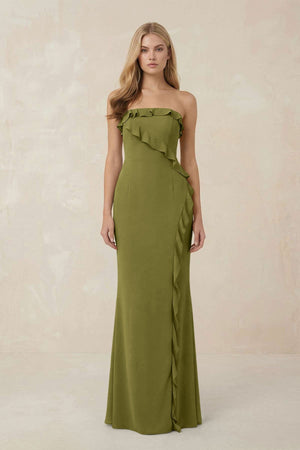 Strapless Ruffled Sheath Bridesmaid Dress in Moss Green - KissProm Bridesmaid Dresses